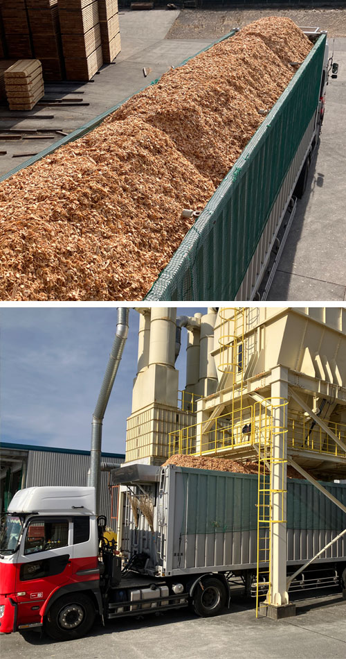 Offcuts reused as paper-making chips and sawdust in circular use
